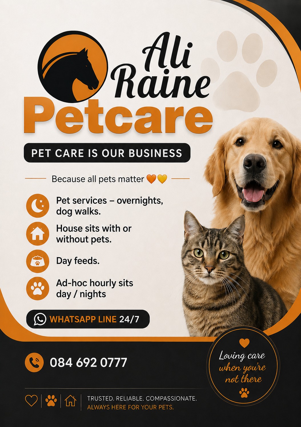 Ali Raine Petcare services flyer featuring a dog and cat